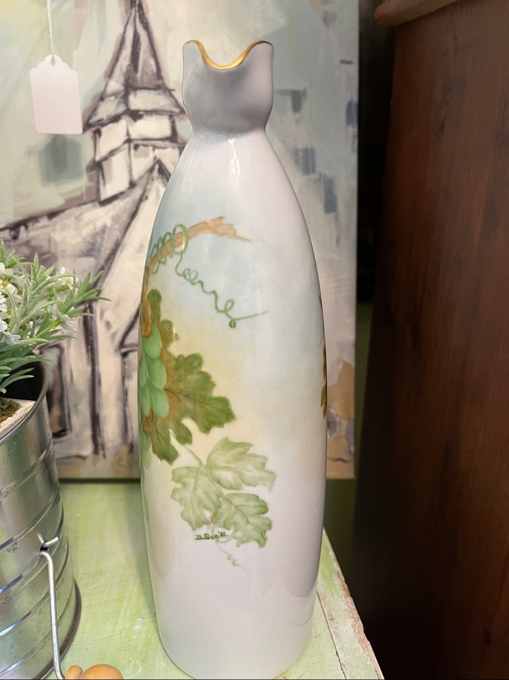 Vintage hand-painted porcelain decanter-style vase - Picture 2 of 7